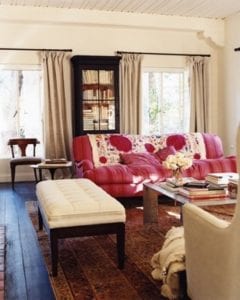 Classic living room, red couch, carpet rustic furniture's