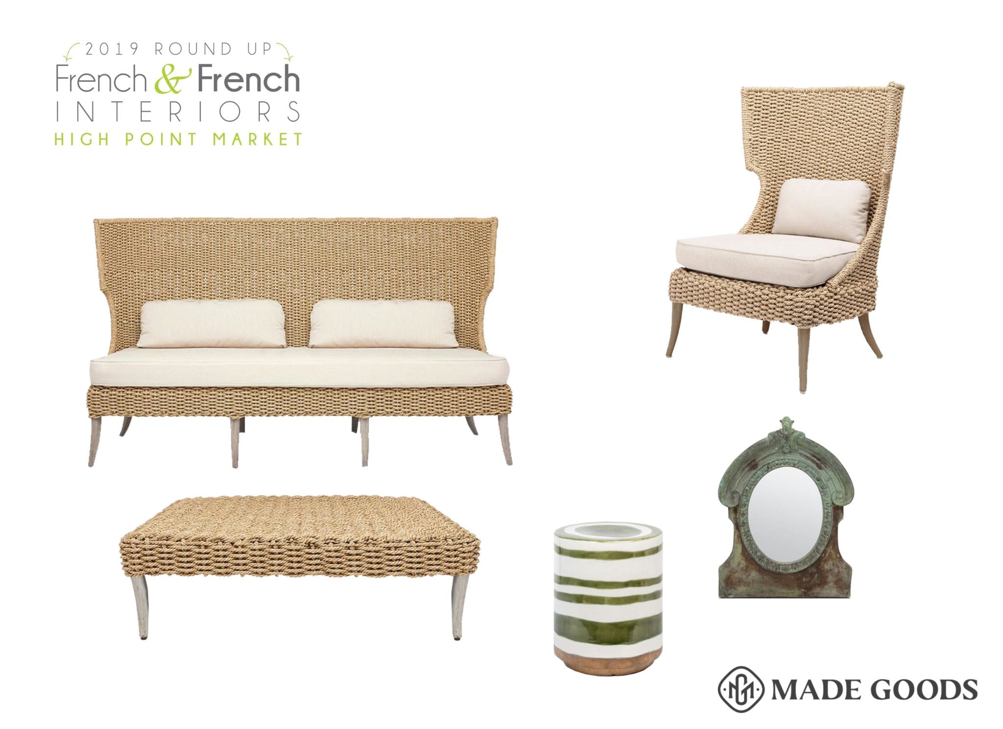 Graphic with different styles of wicker patio chairs and tables