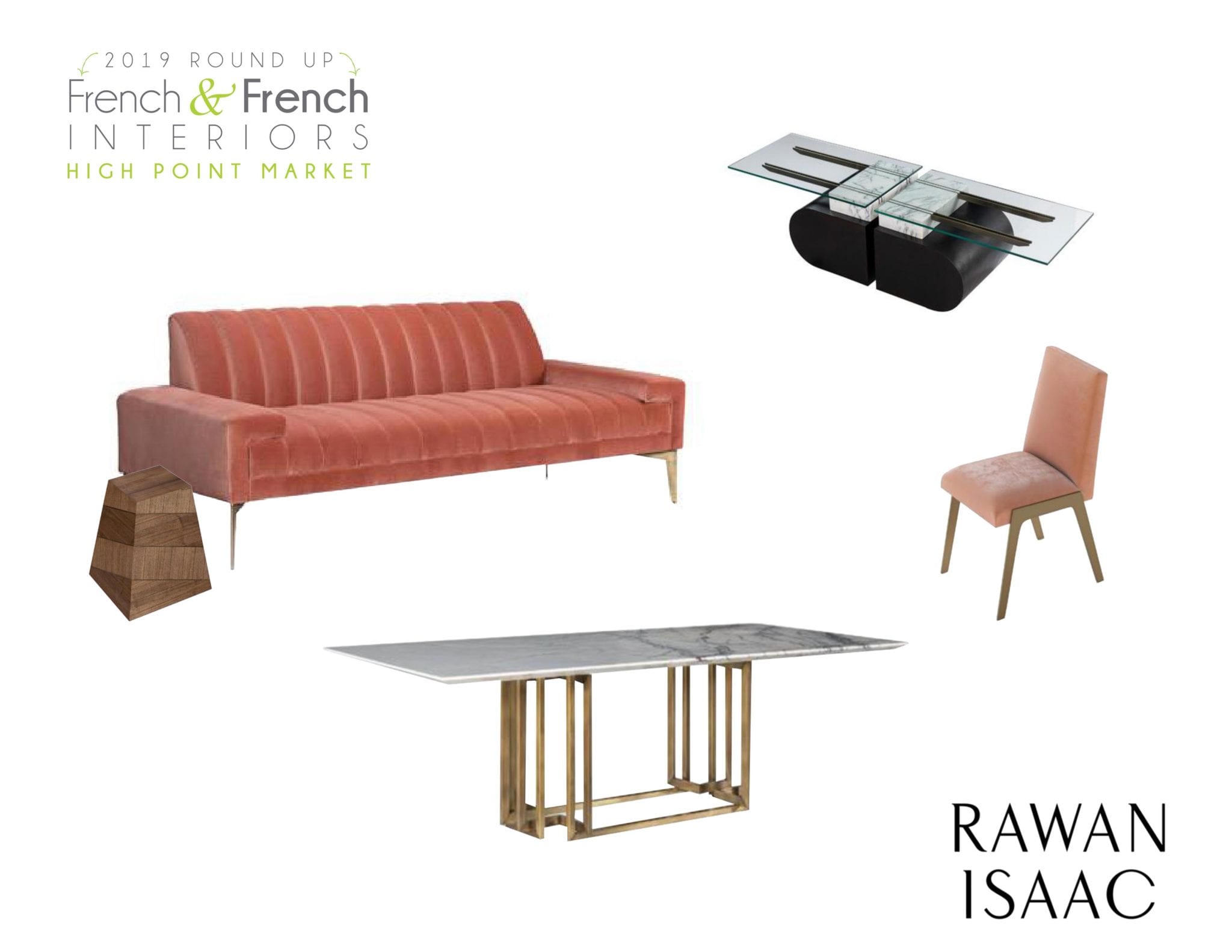 graphic for 2019 Round up from French & French Interiors High Point Market with different furniture items from Rawan Isaac